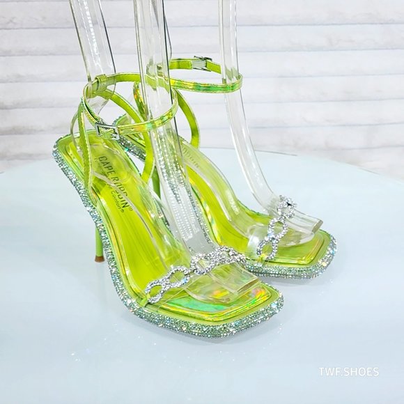 Mini .5" Rhinestone Platform Lime Green Hologram Upper Wrap Strap Heels Baily - Picture 10 of 17